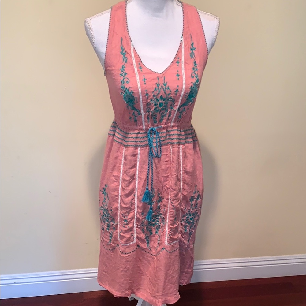 Lucky Brand Coral Embroidered Dress Tie Waist Sleeveless Beachy Lightweight S